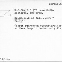 Index card with typed and handwritten information, sometimes including a sketch, of pottery from an excavation.