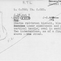 Index card with typed and handwritten information, sometimes including a sketch, of pottery from an excavation.