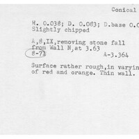 Index card with typed and handwritten information, sometimes including a sketch, of pottery from an excavation.