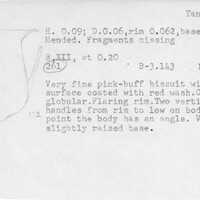 Index card with typed and handwritten information, sometimes including a sketch, of pottery from an excavation.