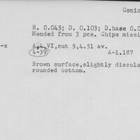 Index card with typed and handwritten information, sometimes including a sketch, of pottery from an excavation.
