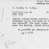 Index card with typed and handwritten information, sometimes including a sketch, of pottery from an excavation.