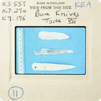 A collection of bone knives on display with labels and measurements.