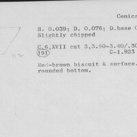Index card with typed and handwritten information, sometimes including a sketch, of pottery from an excavation.