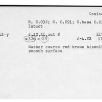 Index card with typed and handwritten information, sometimes including a sketch, of pottery from an excavation.