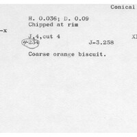 Index card with typed and handwritten information, sometimes including a sketch, of pottery from an excavation.