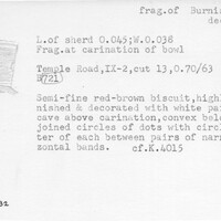 Index card with typed and handwritten information, sometimes including a sketch, of pottery from an excavation.