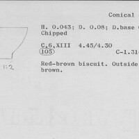 Index card with typed and handwritten information, sometimes including a sketch, of pottery from an excavation.