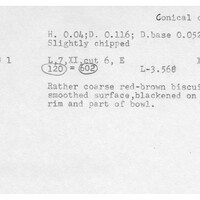 Index card with typed and handwritten information, sometimes including a sketch, of pottery from an excavation.