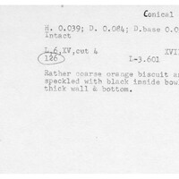 Index card with typed and handwritten information, sometimes including a sketch, of pottery from an excavation.