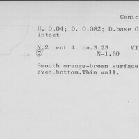 Index card with typed and handwritten information, sometimes including a sketch, of pottery from an excavation.
