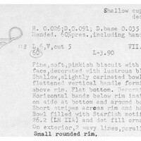 Index card with typed and handwritten information, sometimes including a sketch, of pottery from an excavation.
