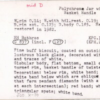 Index card with typed and handwritten information, sometimes including a sketch, of pottery from an excavation.