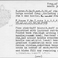 Index card with typed and handwritten information, sometimes including a sketch, of pottery from an excavation.