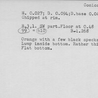 Index card with typed and handwritten information, sometimes including a sketch, of pottery from an excavation.