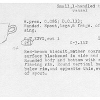 Index card with typed and handwritten information, sometimes including a sketch, of pottery from an excavation.