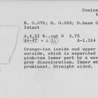 Index card with typed and handwritten information, sometimes including a sketch, of pottery from an excavation.