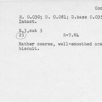 Index card with typed and handwritten information, sometimes including a sketch, of pottery from an excavation.