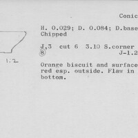 Index card with typed and handwritten information, sometimes including a sketch, of pottery from an excavation.