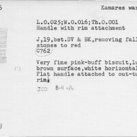 Index card with typed and handwritten information, sometimes including a sketch, of pottery from an excavation.