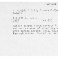 Index card with typed and handwritten information, sometimes including a sketch, of pottery from an excavation.