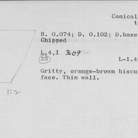 Index card with typed and handwritten information, sometimes including a sketch, of pottery from an excavation.