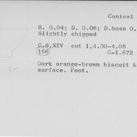 Index card with typed and handwritten information, sometimes including a sketch, of pottery from an excavation.