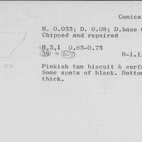 Index card with typed and handwritten information, sometimes including a sketch, of pottery from an excavation.