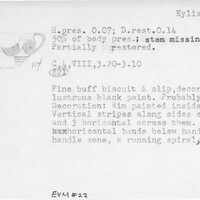 Index card with typed and handwritten information, sometimes including a sketch, of pottery from an excavation.