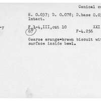 Index card with typed and handwritten information, sometimes including a sketch, of pottery from an excavation.
