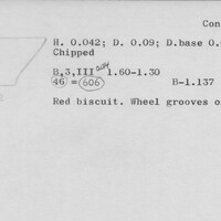 Index card with typed and handwritten information, sometimes including a sketch, of pottery from an excavation.
