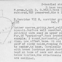 Index card with typed and handwritten information, sometimes including a sketch, of pottery from an excavation.
