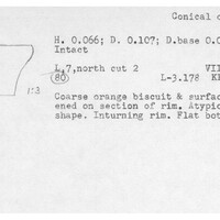 Index card with typed and handwritten information, sometimes including a sketch, of pottery from an excavation.