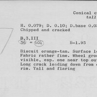 Index card with typed and handwritten information, sometimes including a sketch, of pottery from an excavation.