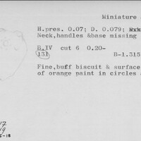 Index card with typed and handwritten information, sometimes including a sketch, of pottery from an excavation.