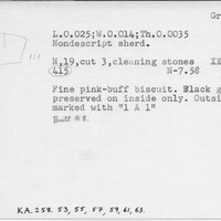 Index card with typed and handwritten information, sometimes including a sketch, of pottery from an excavation.