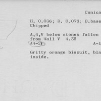 Index card with typed and handwritten information, sometimes including a sketch, of pottery from an excavation.