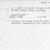 Index card with typed and handwritten information, sometimes including a sketch, of pottery from an excavation.