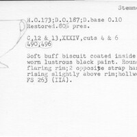 Index card with typed and handwritten information, sometimes including a sketch, of pottery from an excavation.