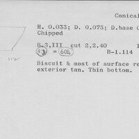Index card with typed and handwritten information, sometimes including a sketch, of pottery from an excavation.