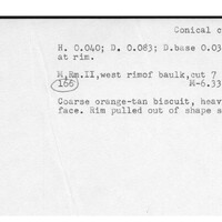 Index card with typed and handwritten information, sometimes including a sketch, of pottery from an excavation.