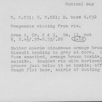 Index card with typed and handwritten information, sometimes including a sketch, of pottery from an excavation.
