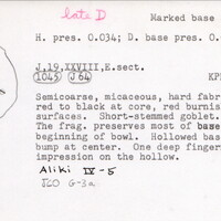 Index card with typed and handwritten information, sometimes including a sketch, of pottery from an excavation.