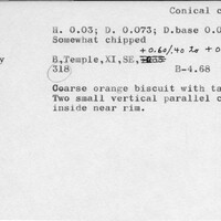 Index card with typed and handwritten information, sometimes including a sketch, of pottery from an excavation.