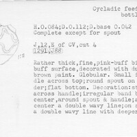Index card with typed and handwritten information, sometimes including a sketch, of pottery from an excavation.