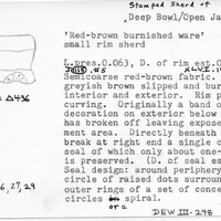 Index card with typed and handwritten information, sometimes including a sketch, of pottery from an excavation.