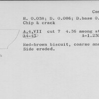 Index card with typed and handwritten information, sometimes including a sketch, of pottery from an excavation.