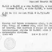 Index card with typed and handwritten information, sometimes including a sketch, of pottery from an excavation.