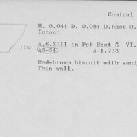 Index card with typed and handwritten information, sometimes including a sketch, of pottery from an excavation.