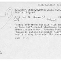 Index card with typed and handwritten information, sometimes including a sketch, of pottery from an excavation.